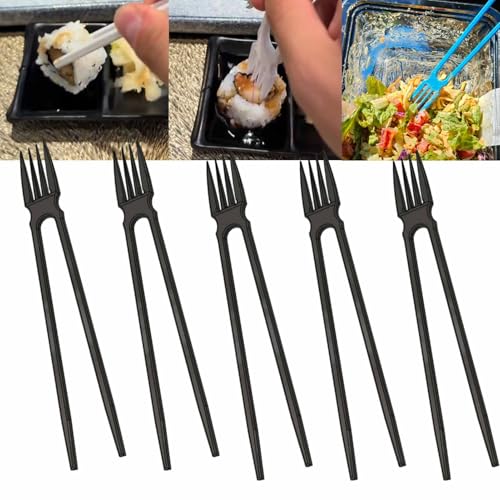 3D-gedruckte 2-in-1-Essstäbchen, Wiederverwendbare Stäbchen Und Gabel In Einem, Essstäbchen-Kombination Mit Gabelspitze, Vielseitiges, Leichtes, Tragbares Esswerkzeug, Einfaches Essen(Black*5) von ECBLI
