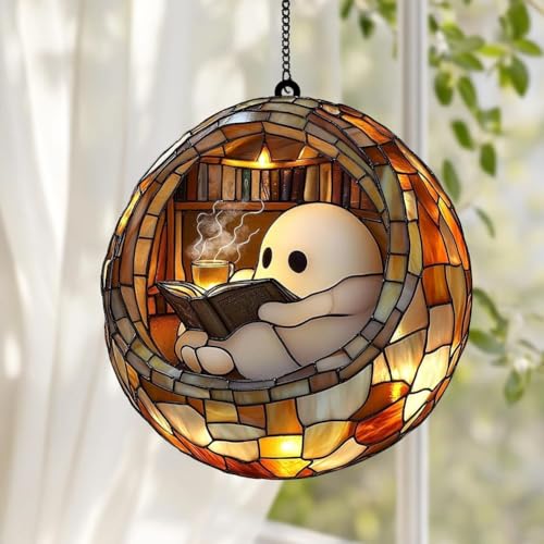 ECBLI Cozy Ghost Reader Suncatcher, Perfect Halloween Bookish Bathroom Decor, Stained Glass Window Hanging Sun Catcher Book Lover Gifts for Women Wall Decor Handmade Decoration(Bedroom) von ECBLI