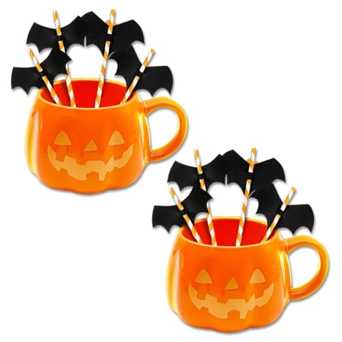 ECBLI Halloween Pumpkin Mug Decorations, A Cute Orange Ceramic Pumpkin Coffee Cup with Bat Straw for Fall Drinks Happy Halloween Birthday Tabletop Drinkware Gifts for Adults Kids Women(2pcs) von ECBLI