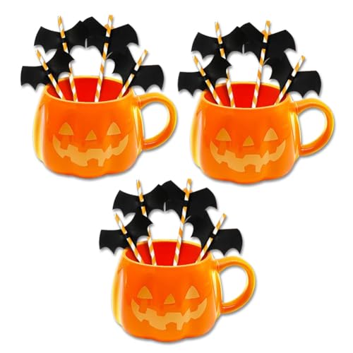ECBLI Halloween Pumpkin Mug Decorations, A Cute Orange Ceramic Pumpkin Coffee Cup with Bat Straw for Fall Drinks Happy Halloween Birthday Tabletop Drinkware Gifts for Adults Kids Women(3pcs) von ECBLI