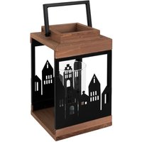Ecd Germany - Holzlaterne 22 cm, Gartenlaterne mit Kerzenständer und Henkel, Stadt Muster, Naturholz, Metall, Glas, Windlicht Deko-Laterne, von ECD GERMANY