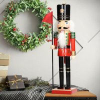 Ecd Germany - Nussknacker Figur Soldat, 38 cm, aus Holz, Dekofigur mit schwarzer Hut und Fahne, handbemalt, Weihnachten Holzfigur Puppet Marionette von ECD GERMANY