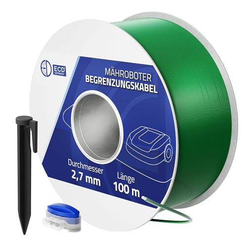 ECD Germany 100m Universal Begrenzungskabel für Mähroboter + 350 Erdnägel, 12 Kabelverbinder, Kupfer verzinnt, Begrenzungsdraht für Rasenmäher Rasenroboter, Kompatibel mit Gardena Bosch Husqvarna Worx von ECD Germany