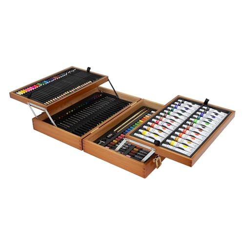 ECD Germany 127-Teiliges Malset mit Holzkoffer, Malkoffer für Kinder, XXL Malkasten, Kunst- und Zeichenset, Acrylfarben Aquarellfarben Buntstifte Pastellstifte Fineliner Bleistifte Pastell & Zubehör von ECD Germany