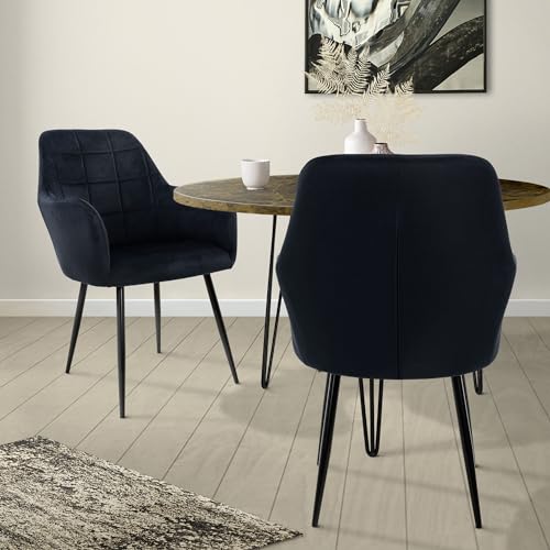ECD Germany 2er Set Esszimmerstühle mit Rücken- und Armlehnen, Schwarz, Küchenstühle mit Samtbezug, Polsterstühle mit Metallbeinen, Ergonomische Stühle für Esstisch, Wohnzimmerstühle Esszimmerstuhl von ECD Germany