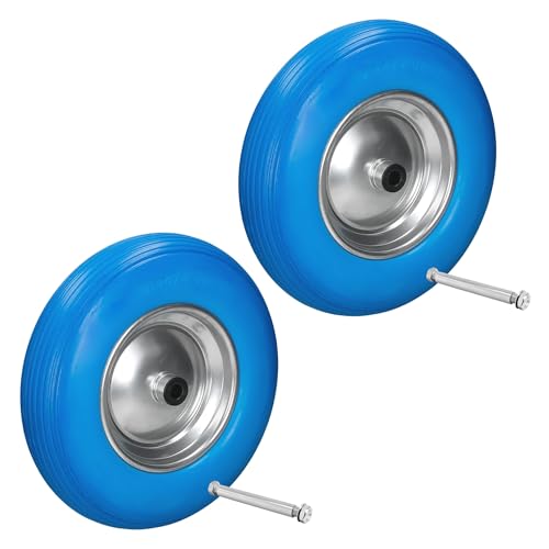 ECD Germany 2er Set Schubkarrenrad aus pannensicherem PU Vollgummi, Ersatzrad Gummirad mit Achse, 4.80/4.00-8, 390 mm, Blau, 200kg, Reifen mit Stahlfelge, PU Rad Reifen für Schubkarre und Gartenkarren von ECD Germany