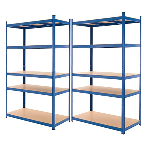 ECD Germany 2er Set Werkstattregal Schwerlastregal 200x100x50 cm Blau pulverbeschichter Metall mit 5 Böden MDF Holz belastbar bis 875kg Lagerregal Steckregal Kellerregal Garagenregal Metallregal Regal von ECD Germany