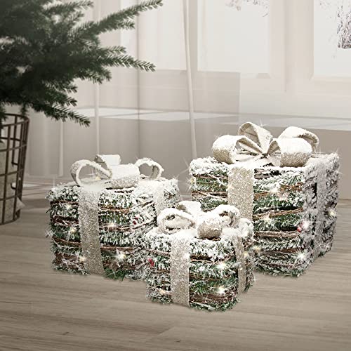 ECD Germany 3er Set LED Geschenkboxen, Grün, Rattan geschneit, Batteriebetrieben, Timer, Weihnachtsdeko Weihnachten Geschenk Beleuchtet Weihnachtsbaum Dekoration Weihnachtsgeschenkbox Leuchtkästen von ECD Germany