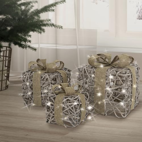 ECD Germany 3er Set LED Geschenkboxen Weihnachten mit Schleifen, Braun-Grau, Warmweiß, batteriebetrieb, mit Timer, Weihnachtsdeko Geschenk Beleuchtet Weihnachtsbaum Dekoration Weihnachtsgeschenkbox von ECD Germany