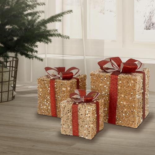 ECD Germany 3er Set LED Geschenkboxen Weihnachten mit Schleifen, Hellbraun-Rot, Warmweiß, batteriebetrieb, mit Timer, Weihnachtsdeko Geschenk Beleuchtet Weihnachtsbaum Dekoration Weihnachtsgeschenkbox von ECD Germany