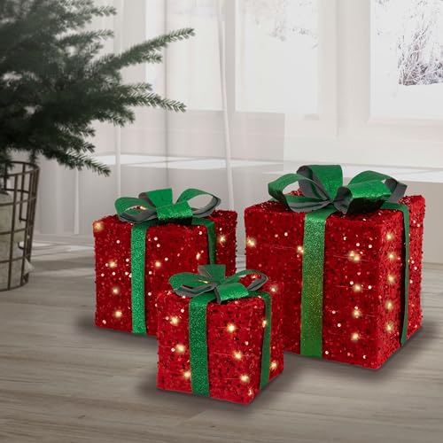 ECD Germany 3er Set LED Geschenkboxen Weihnachten mit Schleifen, Rot-Grün, Warmweiß, batteriebetrieben, mit Timer, Weihnachtsdeko Geschenk Beleuchtet Weihnachtsbaum Dekoration Weihnachtsgeschenkbox von ECD Germany