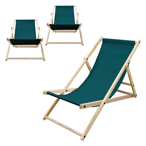 ECD Germany 3er Set Liegestuhl klappbar Dunkelgrün, Holz, verstellbare Rückenlehne, 3 Positionen, bis 120kg, Sonnenliege Gartenliege Strandliege Strandstuhl Holzklappstuhl, für Garten, Balkon & Strand von ECD Germany