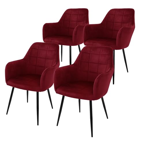ECD Germany 4er Set Esszimmerstühle mit Rücken- und Armlehnen, Bordeaux, Küchenstühle mit Samtbezug, Polsterstühle mit Metallbeinen, Ergonomische Stühle für Esstisch, Wohnzimmerstühle Esszimmerstuhl von ECD Germany