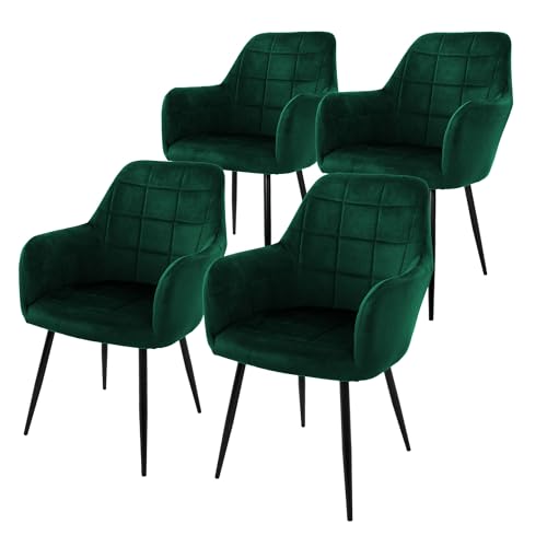 ECD Germany 4er Set Esszimmerstühle mit Rücken- und Armlehnen, Dunkelgrün, Küchenstühle mit Samtbezug, Polsterstühle mit Metallbeinen, Ergonomische Stühle für Esstisch, Wohnzimmerstühle Esszimmerstuhl von ECD Germany