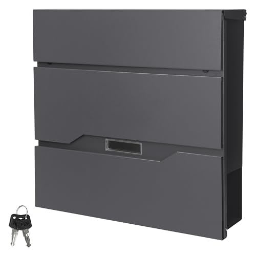 ECD Germany Briefkasten mit Zeitungsfach und Namensschild, aus Edelstahl pulverbeschichtet, Anthrazit, Moderner Wandbriefkasten mit Zeitungsrolle, Abschließbarer Design Postkasten inkl. 2 Schlüssel von ECD Germany