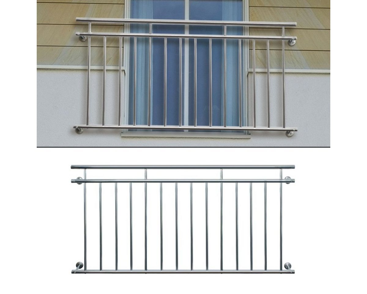 ECD Germany Brüstungsgeländer Französischer Balkon aus Edelstahl Balkongeländer Balkongitter, 100 cm Länge, 90 cm Höhe, Fenstergitter 100x90 cm Silber mit 7 Füllstäben Edelstahl von ECD Germany