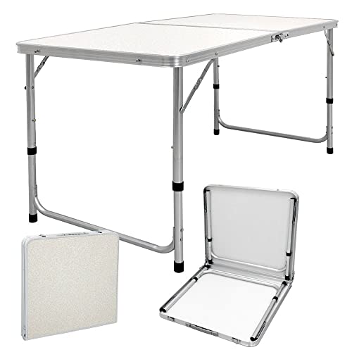 ECD Germany Campingtisch Klapptisch mit Tragegriff 120x60x55/63/70 cm Weiß Creme aus Aluminium und MDF - höhenverstellbar, klappbar - Falttisch Gartentisch Balkontisch Reisetisch Arbeitstisch Tisch von ECD Germany