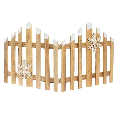 ECD Germany Deko Holz Zaun Natur mit 30 LED in Warmweiß, 77x38 cm, inkl. 2 Schneeflocken, batteriebetrieben mit Timer, Mini Gartenzaun beleuchtet mit Kunstschnee Lattenzaun Weinachtsdeko Winter Gatter von ECD Germany