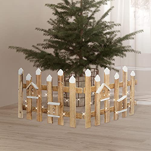 ECD Germany Deko Holz Zaun mit LED in Natur, 98 x 39 cm, inkl. Vogelhäuschen, batteriebetrieben, mit Timer, Mini Gartenzaun beleuchtet Mini-Lattenzaun Weihnachtsbaum- Weinachtsdeko Winter Gatter von ECD Germany