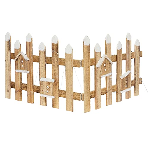 ECD Germany Deko Holz Zaun mit LED in natur, 98 x 39 cm, inkl. Vogelhäuschen, batteriebetrieben, mit Timer, Mini Gartenzaun beleuchtet Mini-Lattenzaun Weihnachtsbaum-Zaun Weinachtsdeko Winter Gatter von ECD Germany