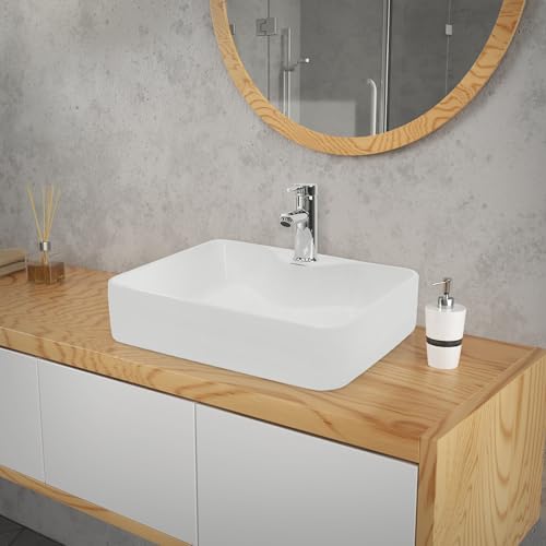 ECD Germany Design Waschbecken Waschtisch 480 x 380 x 140 mm aus Keramik Weiß - Aufsatzbecken Aufsatzwaschbecken Handwaschbecken Aufsatzwaschtisch Spülbecken Wasserfall Waschschale Waschschüssel von ECD Germany