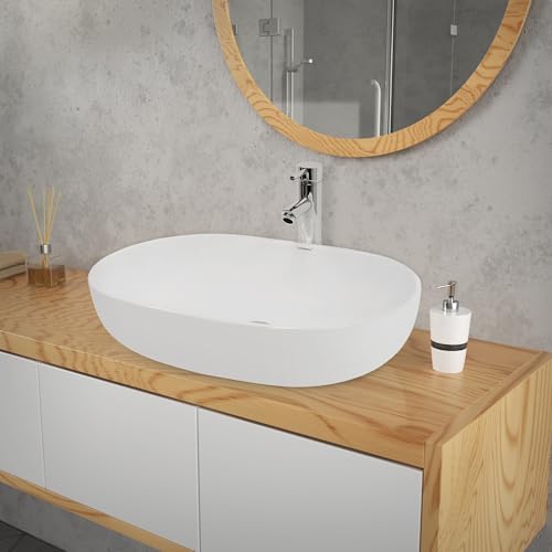 ECD Germany Design Waschbecken Waschtisch 600 x 420 x 145 mm aus Keramik Weiß - Aufsatzbecken Aufsatzwaschbecken Handwaschbecken Aufsatzwaschtisch Spülbecken Wasserfall Waschschale Waschschüssel von ECD Germany