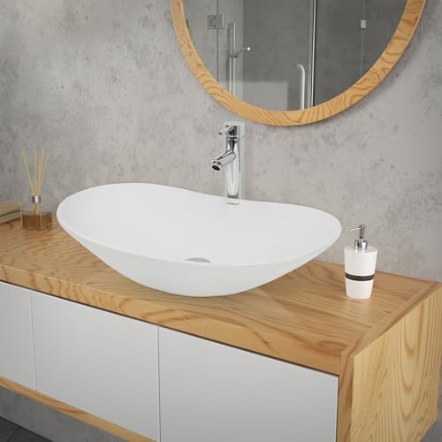 ECD Germany Design Waschbecken Waschtisch 640 x 365 x 130 mm aus Keramik Weiß - Aufsatzbecken Aufsatzwaschbecken Handwaschbecken Aufsatzwaschtisch Spülbecken Wasserfall Waschschale Waschschüssel von ECD Germany