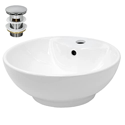 ECD Germany Design Waschbecken Waschtisch Ø 455 x 185 mm inkl. Ablaufgarnitur für Waschbecken mit Überlauf - Keramik Rund Weiß Aufsatzbecken Aufsatzwaschbecken Waschschale Aufsatzwaschtisch Spülbecken von ECD Germany