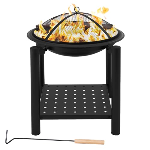 ECD Germany Feuerschale mit Funkenschutz & Grillrost aus Stahl, Ø 55 cm, robust, stabil & rostbeständig, für Garten/Heizung/BBQ, 2in1 Grill Feuerstelle Feuerkorb Feuerhaken Funkenfluggitter Schürhaken von ECD Germany