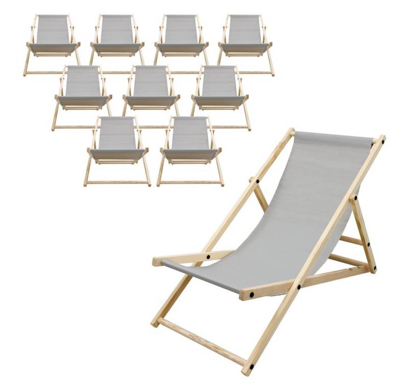 ECD Germany Gartenliege Holz Beachstuhl klappbarer Strandstuhl Strandliege Campingliege, 10 St., 10er Set Sonnenliege Hellgrau Klappliegestuhl 117x52x83cm Relaxliege von ECD Germany