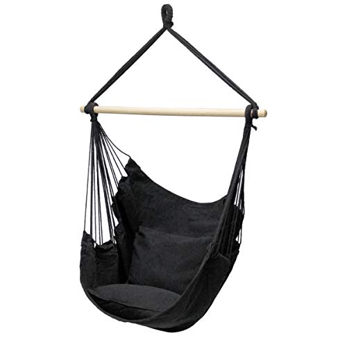 ECD Germany Hängesessel mit 2 Kissen - aus Baumwolle - Hartholz Querstab - Belastbar bis 120kg - Anthrazit - Indoor/Outdoor - Hängestuhl Hängesitz Hängeschaukel Hängematte Hängekorb Schaukelstuhl Sitz von ECD Germany