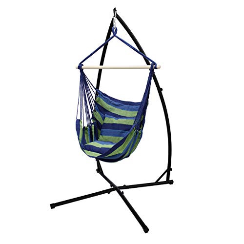 ECD Germany Hängesessel Blau/Grün mit Gestell Schwarz 208 cm, Hängestuhl Hängeschaukel aus Baumwolle mit 2 Kissen bis 120kg, Freistehendes Hängesesselgestell Metall Hängestuhlgestell Hängesitz Ständer von ECD Germany