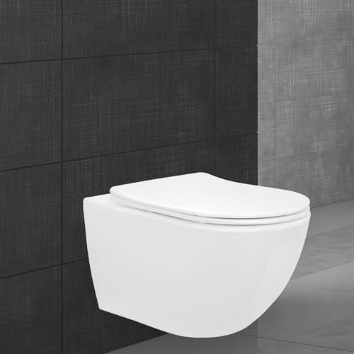 ECD Germany Spülrandloses Hänge WC Weiß glänzend lang 52cm, Toilette aus Keramik mit Antibakterieller Oberfläche, Abnehmbarer WC Sitz aus Duroplast mit Absenkautomatik Softclose, Wand-WC Tiefspüler-WC von ECD Germany