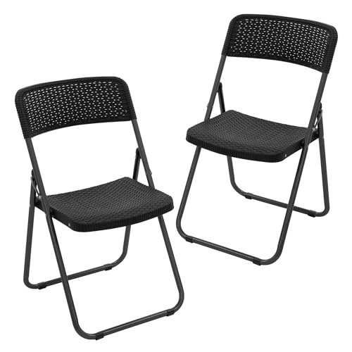 ECD Germany Klappstühle 2er Set, Rattan-Optik, Schwarz, Klappstuhl mit Metallrahmen, platzsparend, belastbar bis 200kg, Wetterfest, UV-beständig, Gartenstuhl klappbar, Campingstuhl Balkonstuhl faltbar von ECD Germany