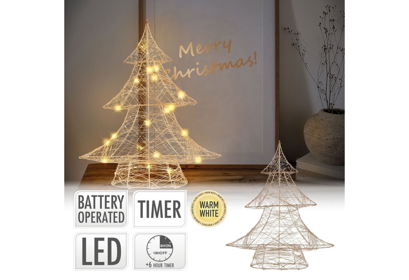 ECD Germany Künstlicher Weihnachtsbaum Dekobaum Weihnachten Weihnachtsbaum Lichterbaum Tanne Weihnachtsdeko, Gold Weihnachtsbaum mit Beleuchtung & Timer, Innen batteriebetrieben von ECD Germany