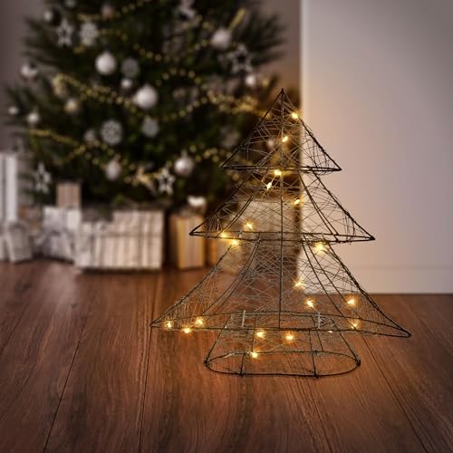 ECD Germany LED Deko Baum Weihnachten mit 20 warmweißen LEDs, 30 cm hoch, Metall, Künstlicher Weihnachtsbaum mit Beleuchtung & Timer, Innen, batteriebetrieben, Lichterbaum Tanne stehend Weihnachtsdeko von ECD Germany