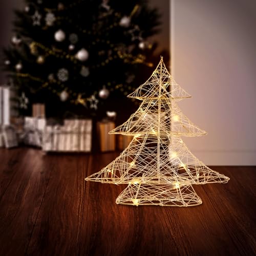 ECD Germany LED Deko Baum Weihnachten mit 20 warmweißen LEDs, 30 cm hoch, aus Metall, Gold, Weihnachtsbaum mit Beleuchtung & Timer, Innen, batteriebetrieben, Lichterbaum Tanne stehend Weihnachtsdeko von ECD Germany