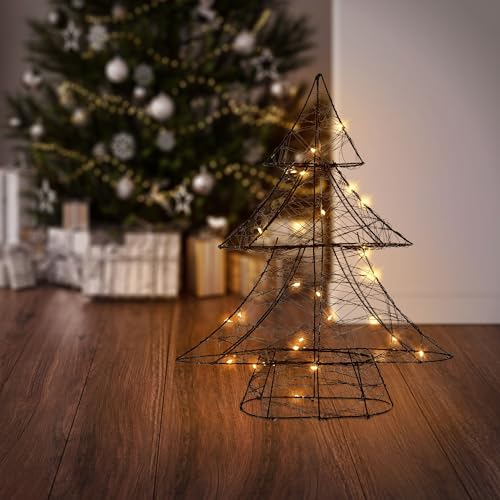 ECD Germany LED Deko Baum Weihnachten mit 30 warmweißen LEDs, 40 cm hoch, Metall, Schwarz, Weihnachtsbaum mit Beleuchtung & Timer, Innen, batteriebetrieben, Lichterbaum Tanne stehend Weihnachtsdeko von ECD Germany