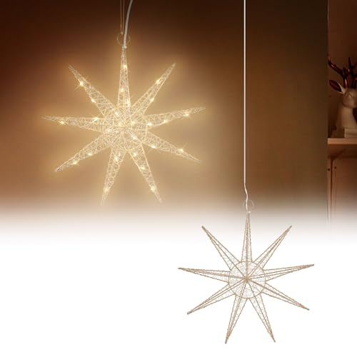 ECD Germany LED Deko Weihnachtsstern mit 30 warmweißen , 30cm, Gold, batteriebetrieben, Metall, Weihnachten Schneeflocke zum Aufhängen mit Beleuchtung & Timer, Innen, Weihnachtsdeko Fensterdeko von ECD Germany