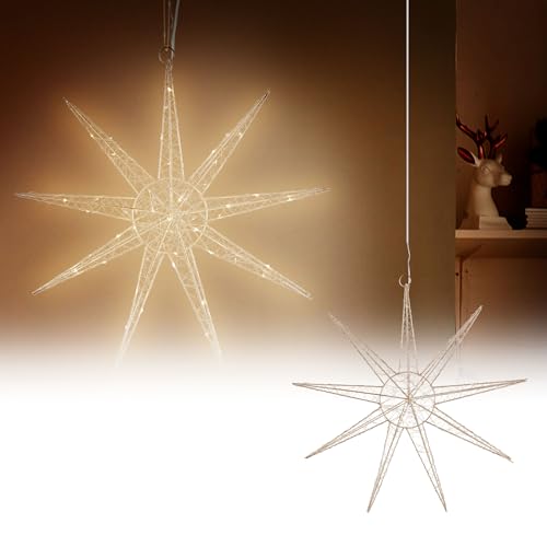 ECD Germany LED Deko Weihnachtsstern mit 50 warmweißen LEDs, 50cm, Gold, batteriebetrieben, Metall, Weihnachten Schneeflocke zum Aufhängen mit Beleuchtung & Timer, Innen, Weihnachtsdeko Fensterdeko von ECD Germany