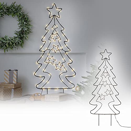 ECD Germany LED Gartenstecker Weihnachtsbaum Tanne 87cm 90 LEDs Warmweiß 6 Std Timer Batteriebetrieben Innen/Außen Metall LED Baum Weihnachten Dekoration Garten Deko Tannenbaum beleuchtet Lichterbaum von ECD Germany