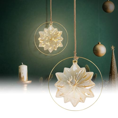 ECD Germany LED-Weihnachtsstern Ø18cm, 40 LEDs, 80cm Seil, Deko Leuchtstern zum Hängen, Warmweiß, Gold, Glasstern mit Beleuchtung & Metallring, batteriebetrieb, Timer, Innen, Deko Stern Weihnachtsdeko von ECD Germany