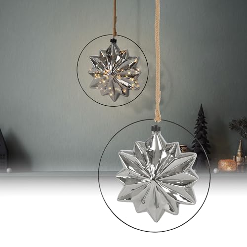 ECD Germany LED-Weihnachtsstern Ø18cm auf 80cm Seil, Deko Leuchtstern zum aufhängen, Warmweiß, Grau, Glasstern mit Beleuchtung & Metallring, batteriebetrieben, Timer, Innen, Deko Stern Weihnachtsdeko von ECD Germany