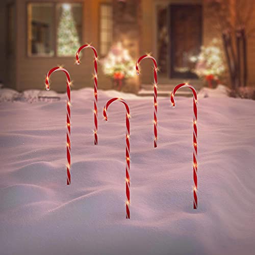 ECD Germany LED Zuckerstangen 5er Set mit 40 Warmweißen LEDs, 73cm, Rot Weiß, batteriebetrieben, Außen& Innen, Beleuchtete Gartenstäbe Weihnachtsdeko Gartenstecker Weihnachtsweg Marker Lichterkette von ECD Germany