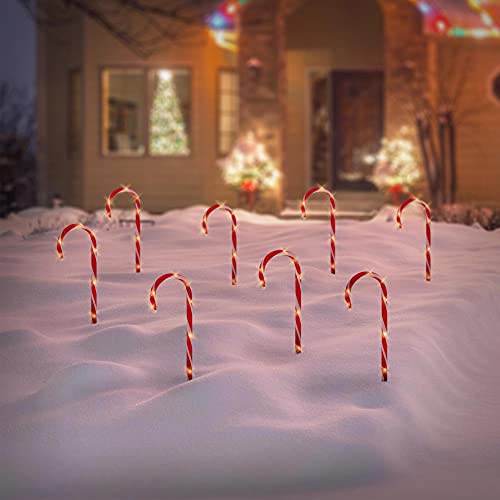 ECD Germany LED Zuckerstangen 8er Set mit 56 Warmweißen LEDs, 45cm, Rot Weiß, batteriebetrieben, Außen & Innen, Beleuchtete Gartenstäbe Weihnachtsdeko Gartenstecker Weihnachtsweg Marker Lichterkette von ECD Germany