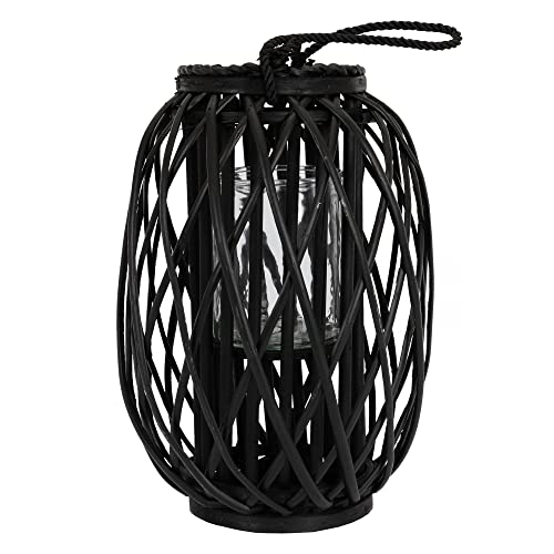 ECD Germany Laterne Ried 40xØ26 cm mit Henkel, Schwarz, Seilfaser, Flechtoptik, Rattan Windlicht mit Glaseinsatz, Retro-Laterne Korbgeflecht, Handgeflochtene Gartenlaterne Kerzenhalter Kerzenständer von ECD Germany