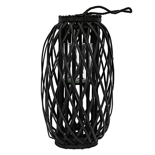 ECD Germany Laterne Ried 50 x Ø28 cm mit Henkel, Schwarz, Seilfaser, Flechtoptik, Rattan Windlicht mit Glaseinsatz, Retro-Laterne Korbgeflecht, Handgeflochtene Gartenlaterne Kerzenhalter Kerzenständer von ECD Germany