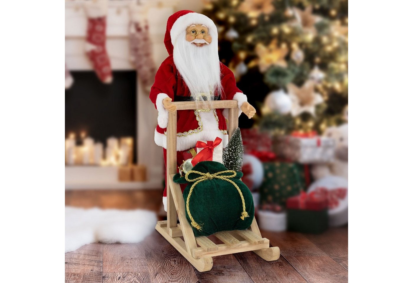 ECD Germany Weihnachtsmann Dekofigur Winterdekoration Santa Claus, Polyresin & Holz stehend auf Schlitten 30x20x50cm von ECD Germany