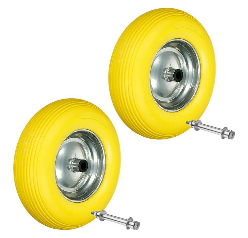 ECD Germany Schubkarren-Rad Rad aus pannensicherem PU Vollgummi Ersatzrad Reifen (2 St), Reifen mit Stahlfelge und Achse Gelb Gummirad Gartenkarren von ECD Germany