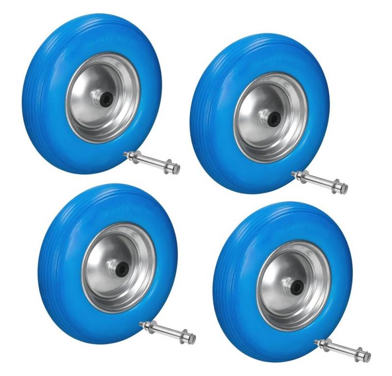 ECD Germany Schubkarren-Rad Rad aus pannensicherem PU Vollgummi Ersatzrad Reifen (4 St), Reifen mit Stahlfelge und Achse Blau Gummirad Gartenkarren von ECD Germany